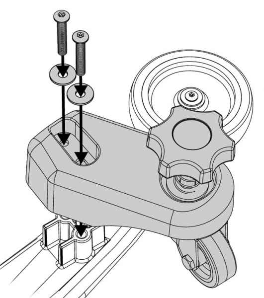 Numatic Höhenverstellung für Metallabstreifer, Kunststoffradträger, roter Drehknauf, rechts