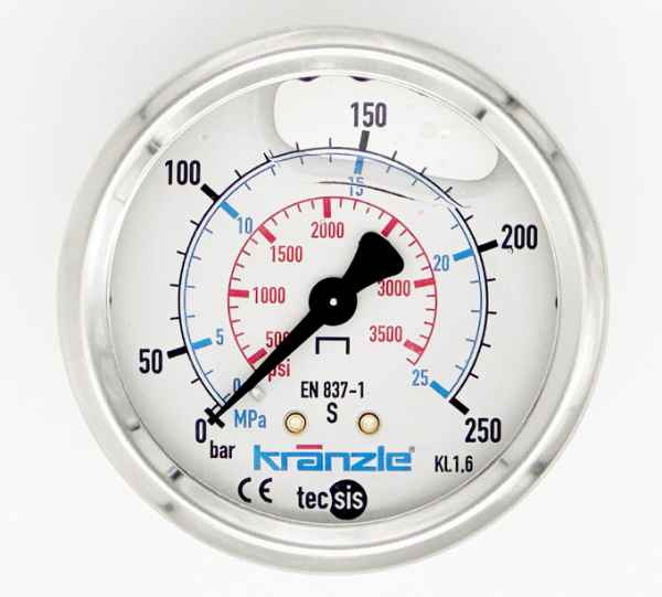 Kränzle Manometer 0-250 bar, Ø63 mm, Anschluß R1/4" AG hinten, Edelstahl
